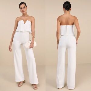NWT Lulus White Strapless Crepe Wide Leg Jumpsuit XS 32.5” Inseam